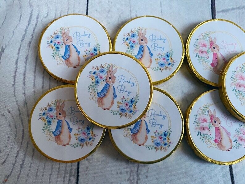 5 x Peter Rabbit or Flopsy Baby shower chocolate coins