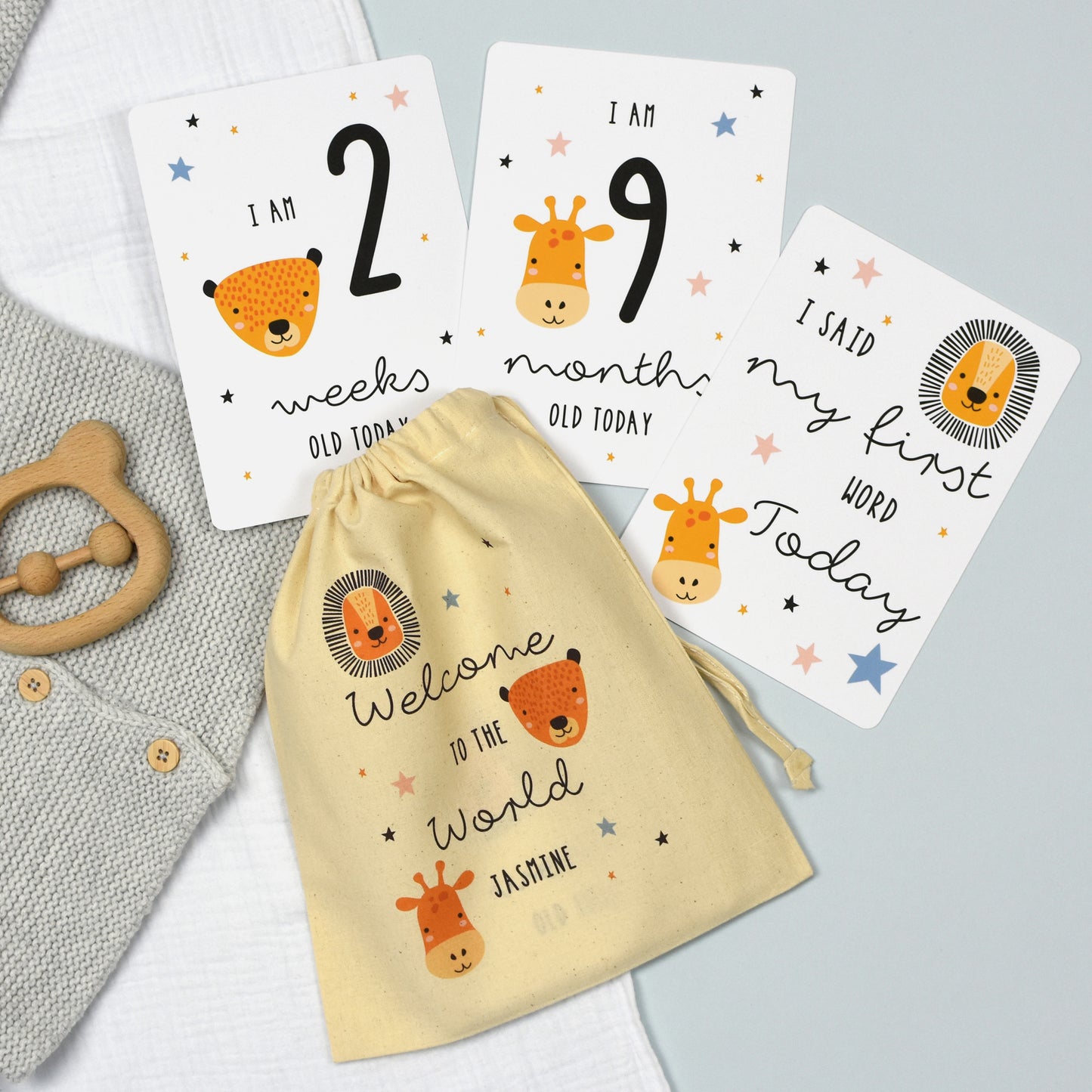 Personalised Cloud Baby Milestone Cards In Drawstring Bag