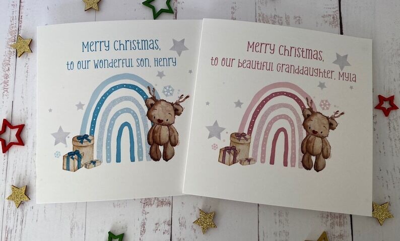 Personalised Pink Christmas Bear Card.