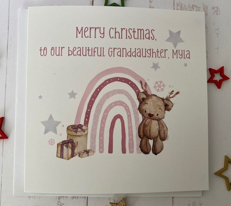 Personalised Pink Christmas Bear Card.
