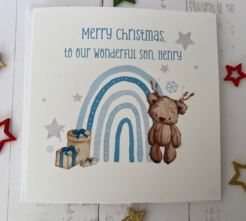 Personalised Pink Christmas Bear Card.
