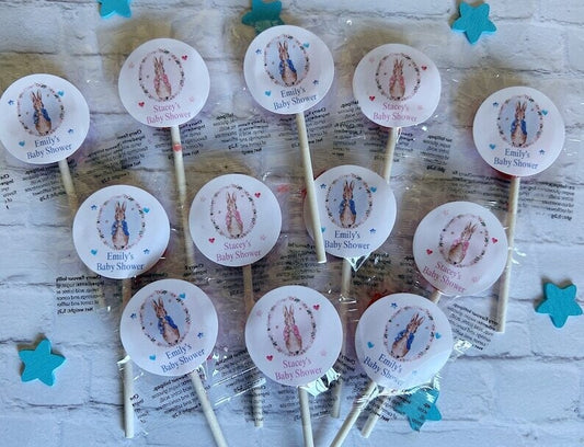 10 x Peter Rabbit or Flopsy Baby Shower lollipops Baby shower party favour Baby shower party bags pink or blue Baby shower lollies