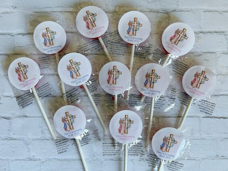 10 x Peter Rabbit or Flopsy Bunny Christening lollipops