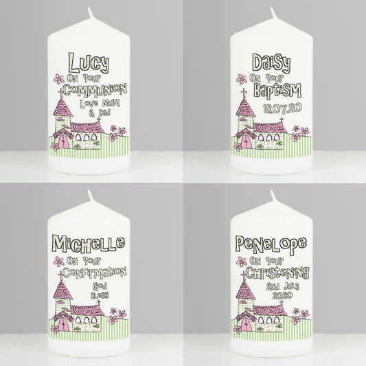 Personalised Pink Church Pillar Candle
